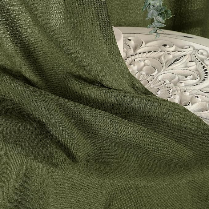 YoungsTex Olive Green Linen Curtains 48 Inch Length for Kitchen, Semi Sheer Small Window Drapes with Rod Pocket Back Tab Light Filtering for Short Living Room Bedroom, 2 Panels, 42 X 48 Inch