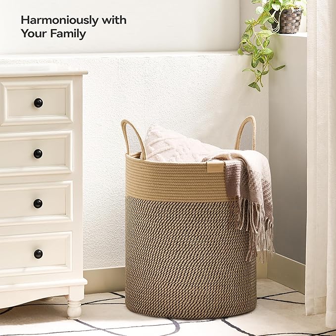 Laundry Hamper 62L,Large Laundry Basket for Clothes,Decorative Storage Basket for Blankets,Cotton Rope Woven basket for bedroom,Dark Brown
