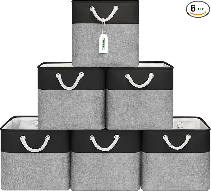 13x13 Inch Cube Storage Bins with Reinforced Bottom Cardboard, 6 Pack Large Collapsible Fabric Storage Cubes with Handles for Shelf, Closet, Toy, Laundry Organization (Black&Gray)