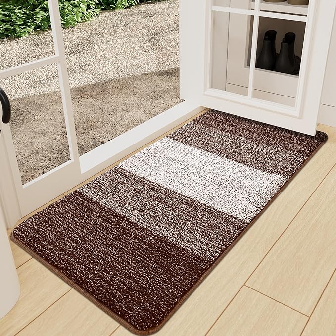 Kitinjoy Indoor Outdoor Door Mat, 59x24 Non-Slip Absorbent Dirt Trapper, Low-Profile Washable Inside Entrance Front Floor Mat, Sturdy Soft Entry Doormats for Entryway, Brown