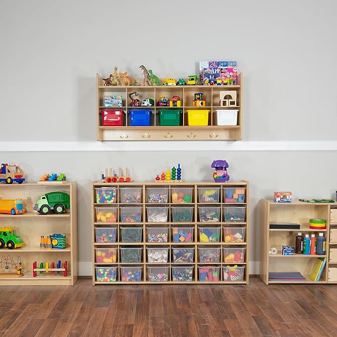 Wood Designs Cubby Storage Bin, Heavy Duty Plastic Containers for Kids Translucent Clear Cubby Tray Set of 12