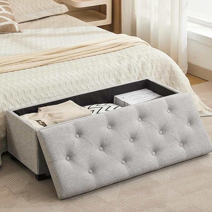 43’’ Storage Ottoman Bench, Linen Entryway Benches Load up to 660 Lb, Modern End of Bed Benches for Bedroom, Ottoman with Storage Bench for Living Room, Light Gray