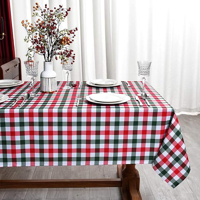 Classic Gingham Buffalo Xmas Tablecloth Fabric - Oblong 58x144 Inch Water Proof Checkered Table Cloth for Indoor Outdoor - Red Christmas Plaid Table Cover for Christmas, Holiday, New Year