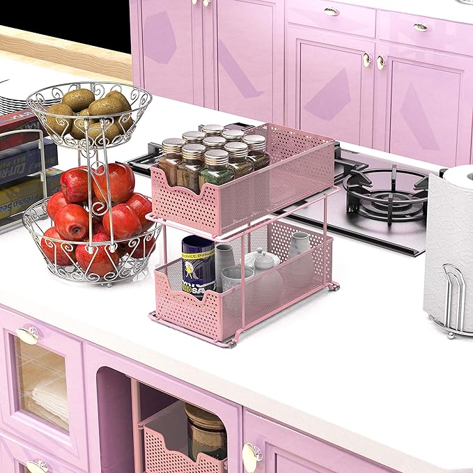 SIMPLE HOUSEWARE 2 Tier Sliding Cabinet Basket Organizer Drawer, Pink