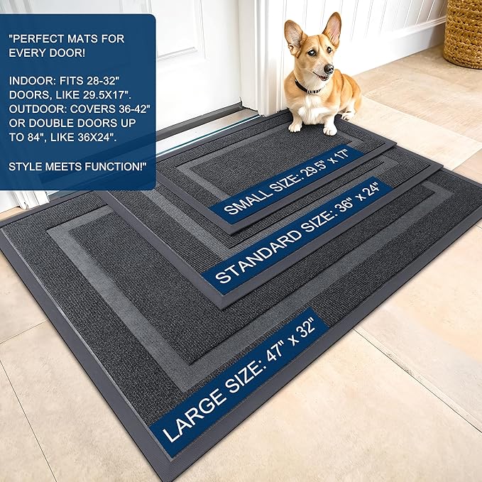 OLANLY Front Door Mat Indoor Outdoor Entrance, Waterproof All-Season, All-Weather Doormat, Sturdy Natural Rubber, Fade Resistant, Low Profile, Easy Clean Patio Porch Entryway Mat, 29.5x17, Grey