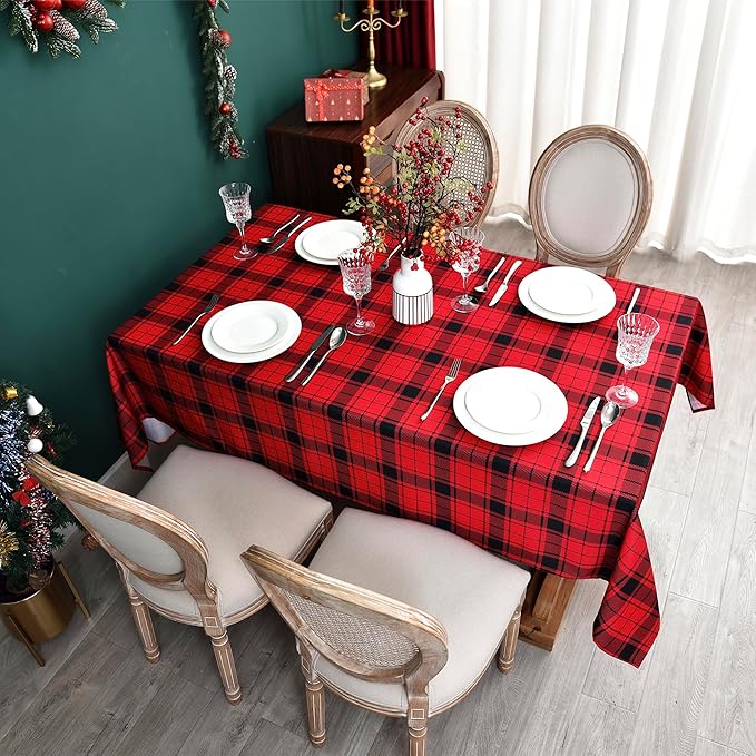 Gingham Xmas Tablecloth Fabric - Oblong 58x120 Water Resistant Christmas Plaid Table Cloth for Indoor/Outdoor Use - Red Tabletop Cover Perfect for Birthday, Picnics, Gardens