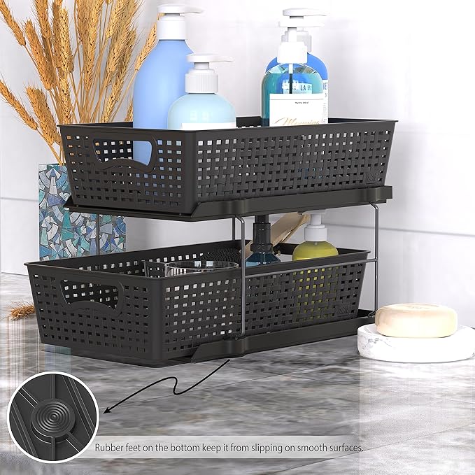 Simple Houseware 2 Tier Bathroom Organizer Tray Pull-Out Sliding Drawer/Under-Sink Storage, Black