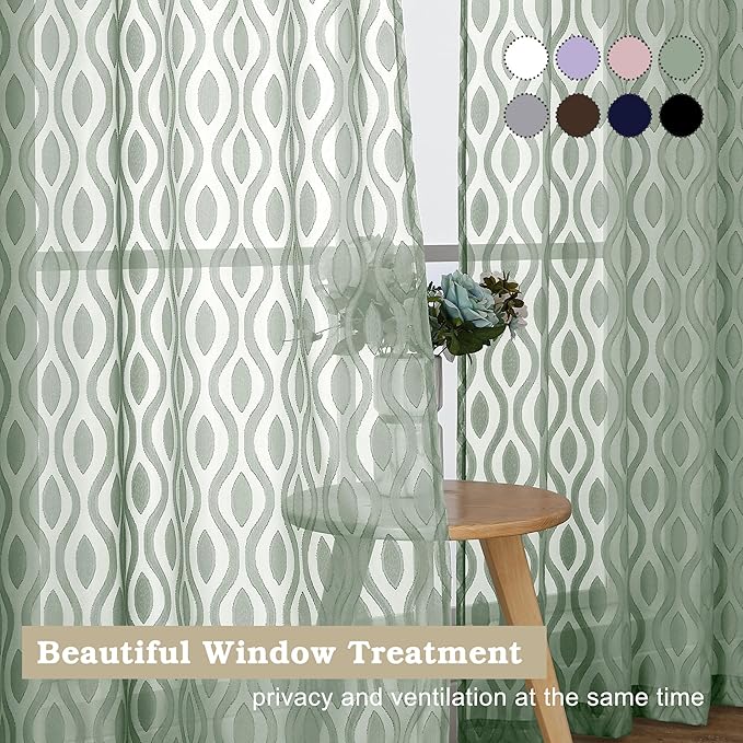 Aiyufeng Green Sheer Curtains 72 Inches Long 2 Panels Set, Lightweight Clip Jacquard Textured Sheer Privacy Curtains for Bedroom Living Room, Classic Wavy Line Design Door Curtains, 40" Wx72 L Inches