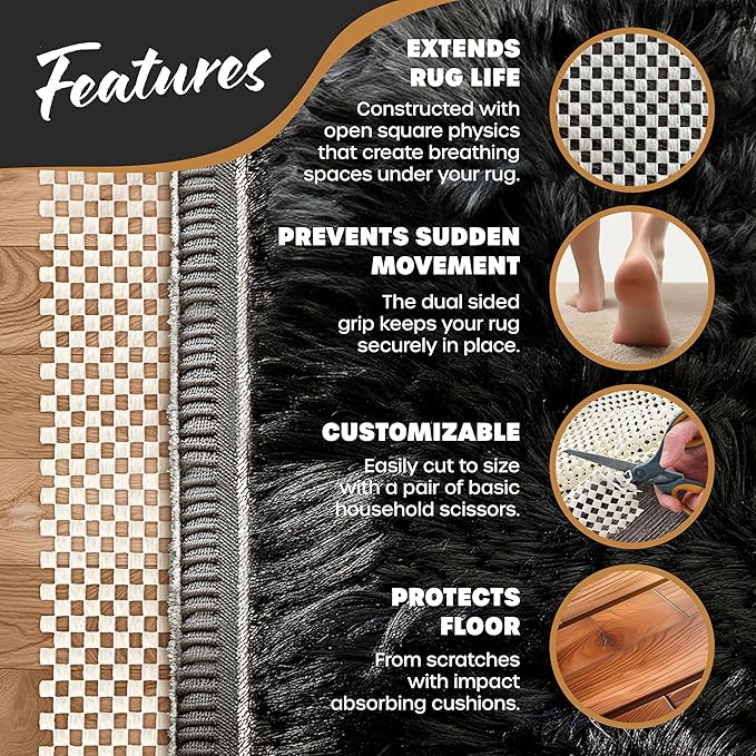 Nevlers 2 x 10 Ft Non Slip Rug Pad | Open Weave PVC Anti Skid Rug Gripper for Hardwood Floors & Other Surfaces | Non-Slip Pads for Under Rugs | Under Carpet Non Slip Pad | Customizable Carpet Gripper