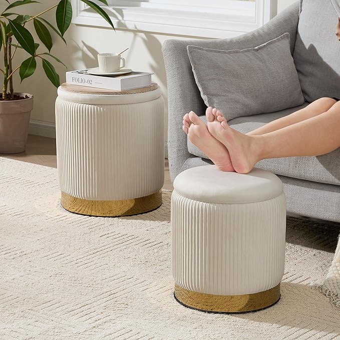 Royal Windsor Round Ottoman with Storage Set of 2, Vanity Stool with Storage for Bedroom, Ottoman Coffee Table Gold-Tone Ring Around The Base, Small Velvet Foot Stool for Living Room, Beige