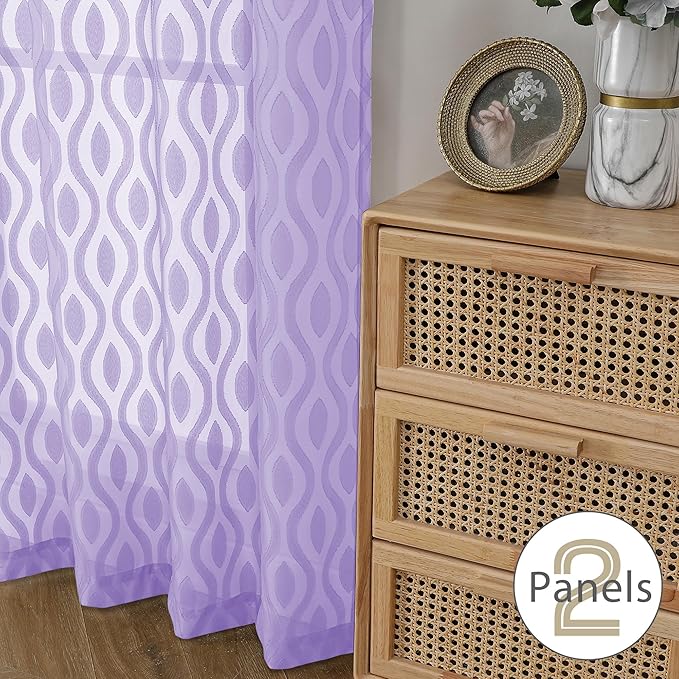 Aiyufeng Light Purple Sheer Curtains 54 Inch Length 2 Panels, Soft Lightweight Clip Jacquard Textured Sheer Curtain Panels, Modern Wavy Line Voile Sheer Curtain for Bedroom Living Room, 40Wx54L Inches