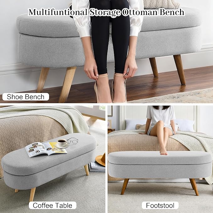 Storage Bench, 43" Storage Ottoman Bench for Bedroom, Upholstered Entryway Benches with Seating, Rubber Wood Legs, Shoe Storages Benches for Bedroom, Living Room, Entryway, Bed Side, Grey