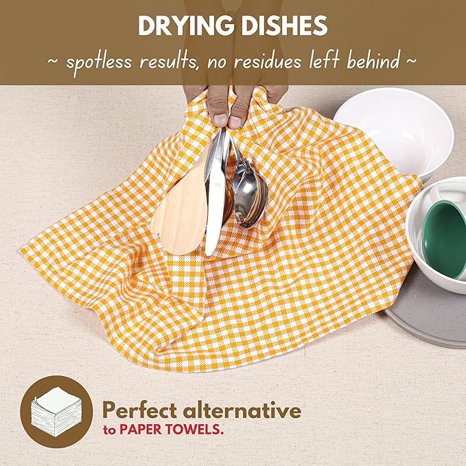 Native Fab 12 Pack Mini Check Yellow Kitchen Towels 16"x26" - Gingham Plaid Cotton Dish Towels - Absorbent Dishcloth Set, Soft Reusable Towel with Hanging Loop - Yellow White