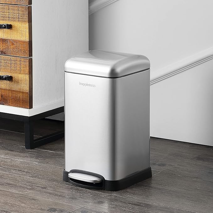 happimess HPM1012A Betty Retro Mini 3.2-Gallon Step-Open Trash Can with Soft-Close Lid, Modern, Minimalistic, Fingerprint Proof for Home, Kitchen, Laundry Room, Office, Bedroom, Bathroom, Chrome