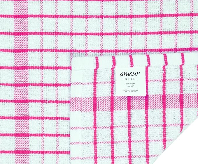AMOUR INFINI Kitchen Dish Cloths Set of 8 - Ultra Soft, Highly Absorbent, Quick-Drying Terry Cotton Dishcloths 12"x12" Inch Wash & Cleaning Cloths for Kitchen & Dishwashing (Pink)