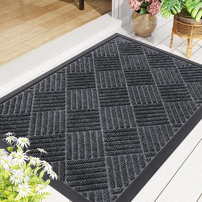 Smiry Front Door Mat Outside Entrance, Heavy Duty Outdoor Indoor Natural Rubber Doormat, Non Slip, Trap Dirt and Moisture, Easy Clean, Low Profile Patio Porch Entryway Mat, 29.5x17, Dark Grey