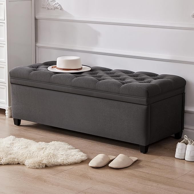 50" Storage Ottoman Bench, Tufted Ottoman with Storage for Living Room, Large End of Bed Ottomans, Modern Entryway Benchs, Window & Bedroom Benches for Foot of Bed (Darkgray)