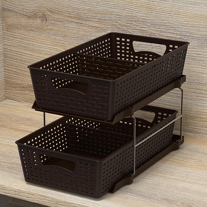 Simple Houseware 2 Tier Bathroom Organizer Tray Pull-Out Sliding Drawer/Under-Sink Storage, Brown