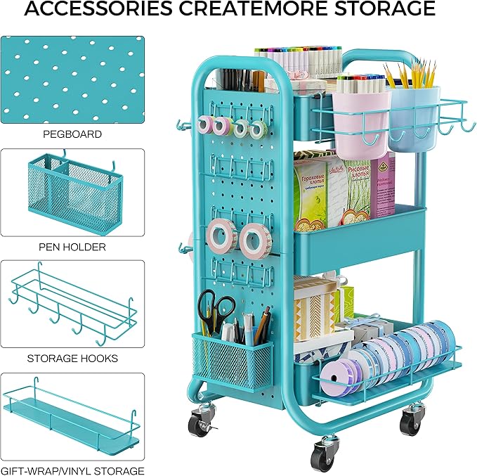 DESIGNA 3-Tier Utility Storage Rolling Cart with Removable Pegboard & Extra Storage Baskets Hooks, Metal Craft Art Carts for Gift Home Office, Teal