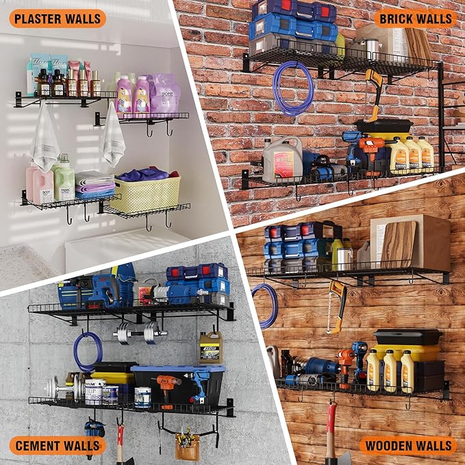 6 Pack Foldable Wall Shelf, Wall Mounted Garage Storage Shelves, Heavy Duty Wall Shelving Supports Up To 270 LBS. Floating Shelves With 12 Hooks Metal Storage Rack for Office, Kitchen and Laundry Room