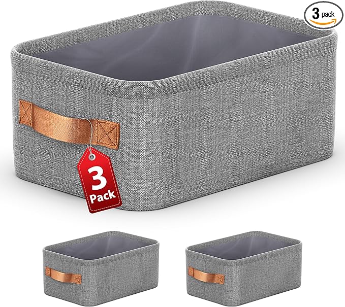 Large Storage Baskets for Shelves 3 Packs, Fabric Storage Bins for Shelves with Handles, 11.8'' L ×7.8'' W × 5.1'' H Collapsible Baskets for Organizing Clothes, Toy, Grey