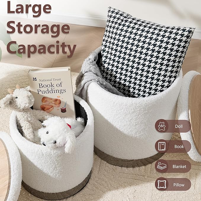 Royal Windsor Boucle Round Ottoman with Storage Set of 2, Vanity Stool with Storage for Bedroom, Ottoman Coffee Table Silver-Tone Ring Around The Base, Small Foot Stool for Living Room, White