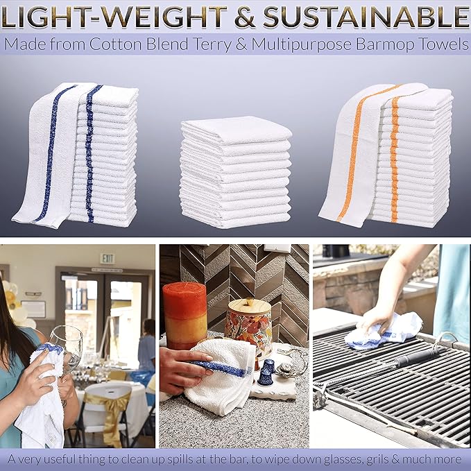 60 PC New Cotton Blend White Restaurant Bar Mops Kitchen Towels (5 Dozen) (60, Gold Stripe)