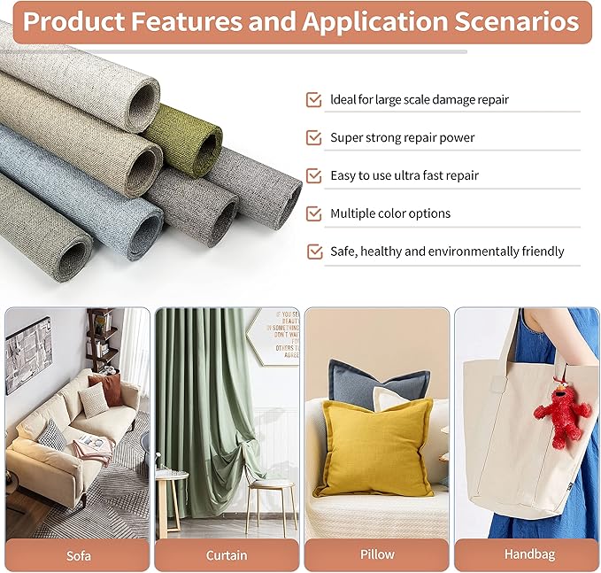 Fine Linen Fabric Patches, Self-Adhesive, Extra Large 12x40 Inch, Multi Color, for Sofa & Clothes Repair