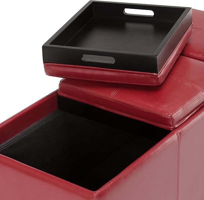 SIMPLIHOME Avalon 42 inch Wide Contemporary Rectangle Storage Ottoman in Red Vegan Faux Leather, Assembled, for the Living Room, Entryway and Family Room