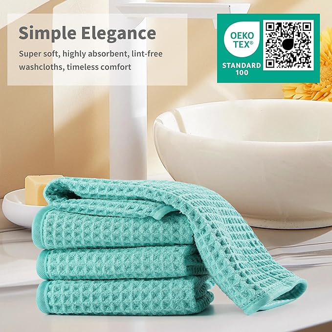 Microfiber Waffle Face Towels, 2 Pieces, Soft, Absorbent, Fast Drying, Lint Free (Turquoise)