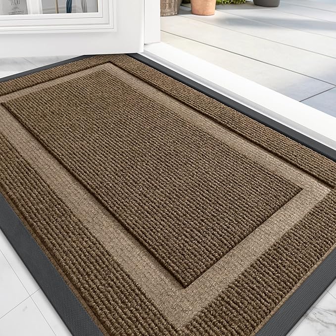OLANLY Front Door Mat Indoor Outdoor Entrance, Waterproof All-Season, All-Weather Doormat, Sturdy Natural Rubber, Fade Resistant, Low Profile, Easy Clean Patio Porch Entryway Mat, 59x40, Brown