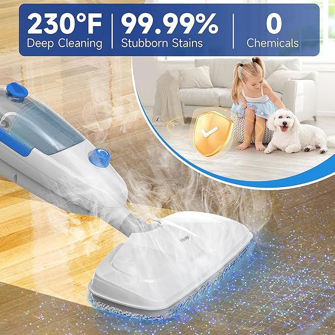 Steam Mop for Floor Cleaning, 10in1 Multi Purpose Handheld Steamer Cleaner Detachable for Vinyl, Laminate, Carpet, Tile Hard Floor Grout w/ 2 pad, 23ft Cord, 15oz Tank, Adjustable Steam & Height