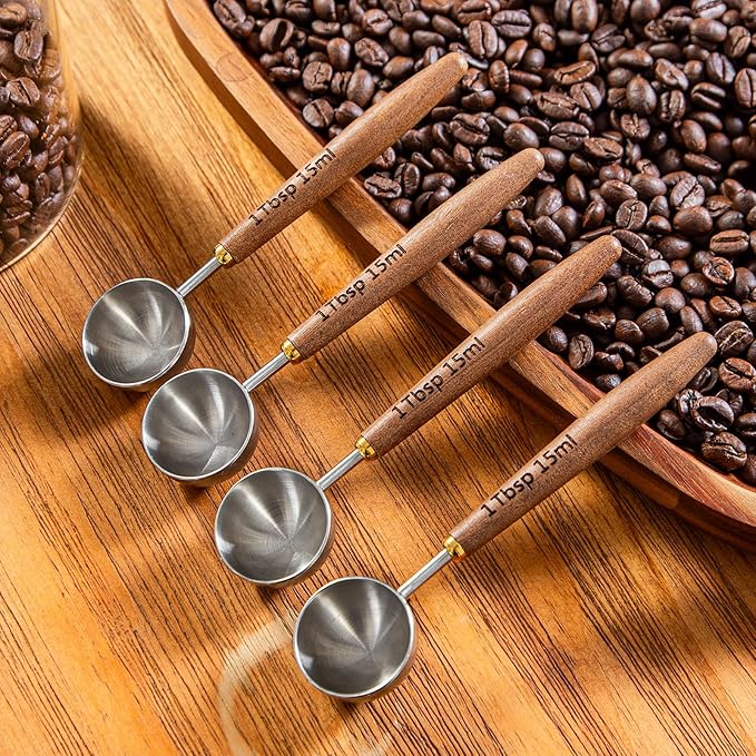 4PCS Wood Scoops for Jars Wooden Scoops for Canisters 1Tbsp Measuring Spoons for Coffee Bean Powder Coffee Scoop Measuring Scoop for Salt Sugar Multipurpose-Black Walnut+304 Stainless Steel