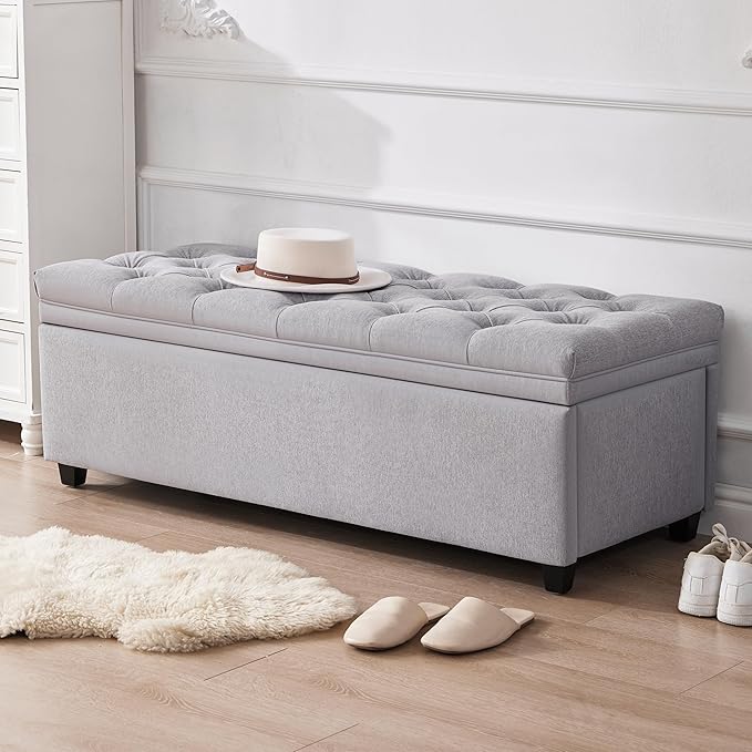 50" Storage Ottoman Bench, Tufted Ottoman with Storage for Living Room, Large End of Bed Ottomans, Modern Entryway Benchs, Window & Bedroom Benches for Foot of Bed (LightGray)