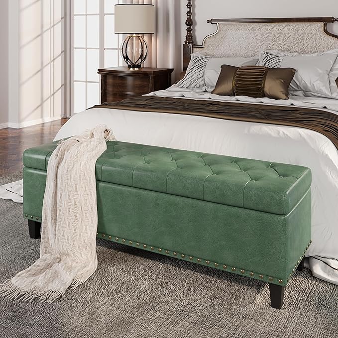 Storage Ottoman Bench, 51-Inch Large Storage Bench for Bedroom End of Bed, 30 Gallons Faux Leather Bench for Bedroom, Living Room, Entryway, Hallway, Green
