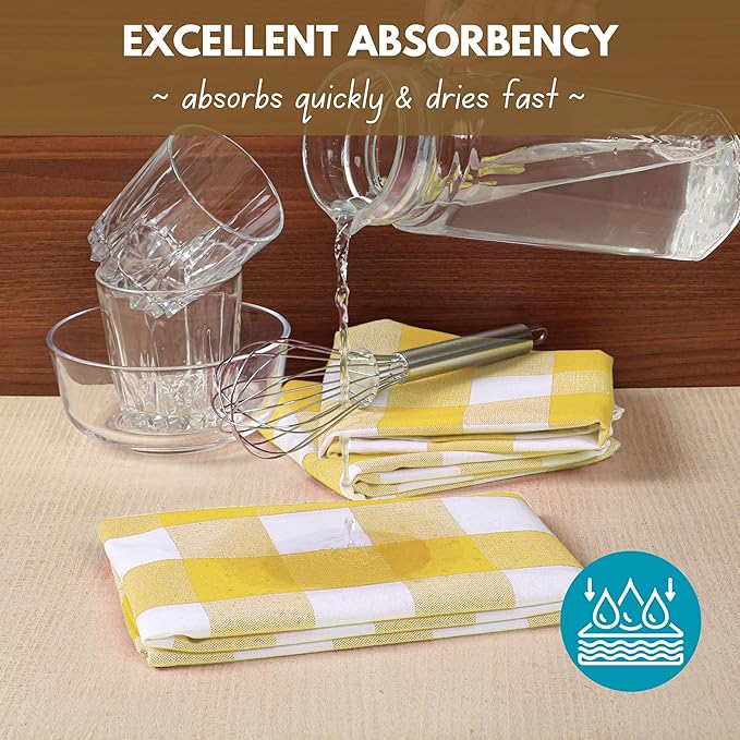 Native Fab Yellow Buffalo Dish Towel 16"x26", Set of 12 - Cotton Plaid Towels, Soft Absorbent Dishcloths with Hanging Loop, Kitchen Towels for Quick Drying - Yellow White