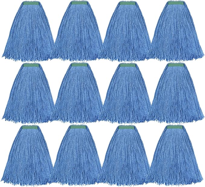 Matthew Cleaning 24oz 12Pack Cotton Mop Head Replacement,Looped-Open String Heavy Duty String Mop Refills, Universal Headband Blend,Floor Cleaning for Home, Industrial and Commercial Use(Blue)