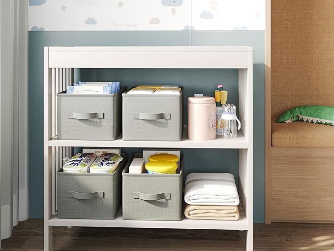 3 Pack Fabric Storage Bins for Shelves | 16.25x12x10in Closet Storage Baskets | Collapsible Storage Bins |Fabric Closet Organizers with Handles | Light Gray
