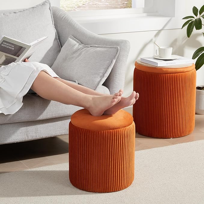 Round Ottoman with Storage Set of 2,Vanity Stool with Storage for Bedroom, Ottoman Coffee Table,Small Velvet Foot Stool for Living Room, Orange