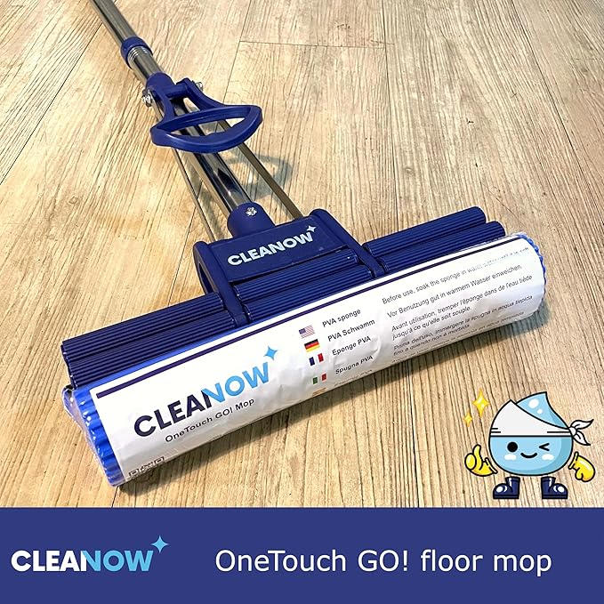 OneTouch GO! Floor Cleaner, Wring Mop, Cleaning Tool with Wringing Function - Sponge mop for Cleaning Floors- with PVA Sponge and Stainless Steel mop Handle