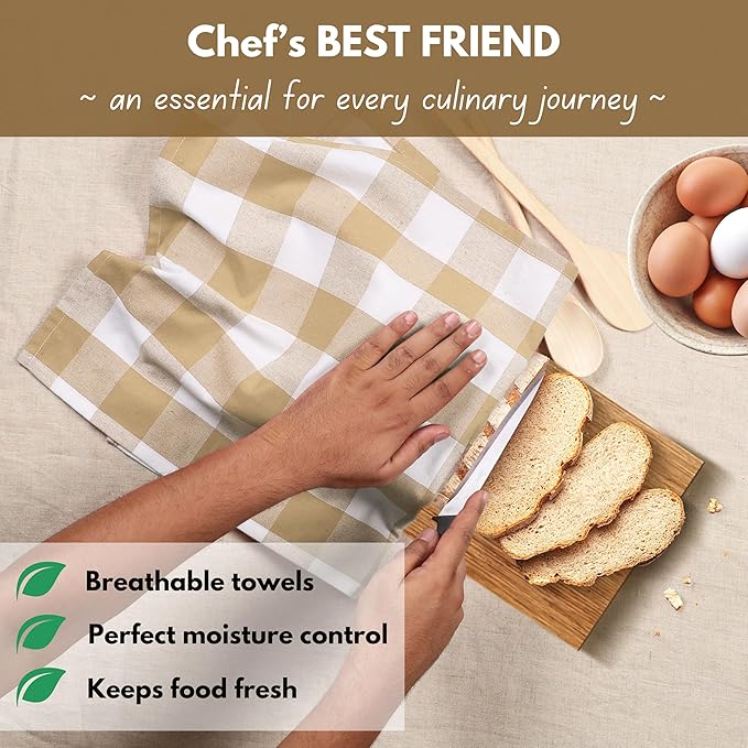 Native Fab 6 Pack Buffalo Check Kitchen Towels16 x26 - Cotton Dish Towels Washable - Absorbent Tea Towels, Soft Hand Towel with Hanging Loop, Dish Cloth Set - Beige White