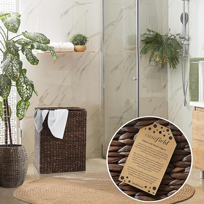 Casafield Large Laundry Hamper with Lid and Removable Liner Bag - Espresso, Woven Water Hyacinth Rectangular Laundry Basket Sorter for Clothes and Towels