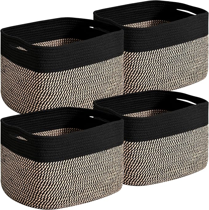 Small Storage Baskets for Organizing Shelves, Cotton Rope Basket for Storage, Cute Rectangular Book Toy Basket, 12.7"×9.1"×7.9", 4 Packs, Black & Jute