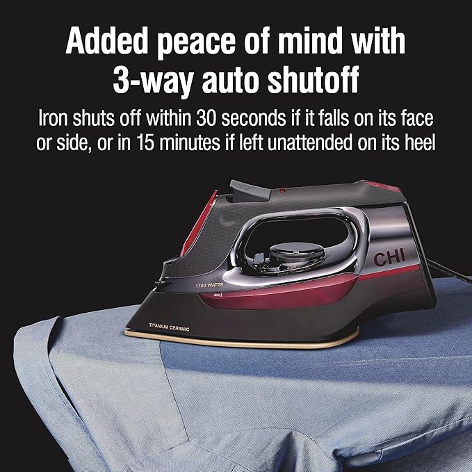 CHI Steam Iron for Clothes with 8’ Retractable Cord, 1700 Watts, 3-Way Auto Shutoff, 400+ Holes, Professional Grade, Temperature Control Dial, Titanium Infused Ceramic Soleplate, Black/Chrome (13109)