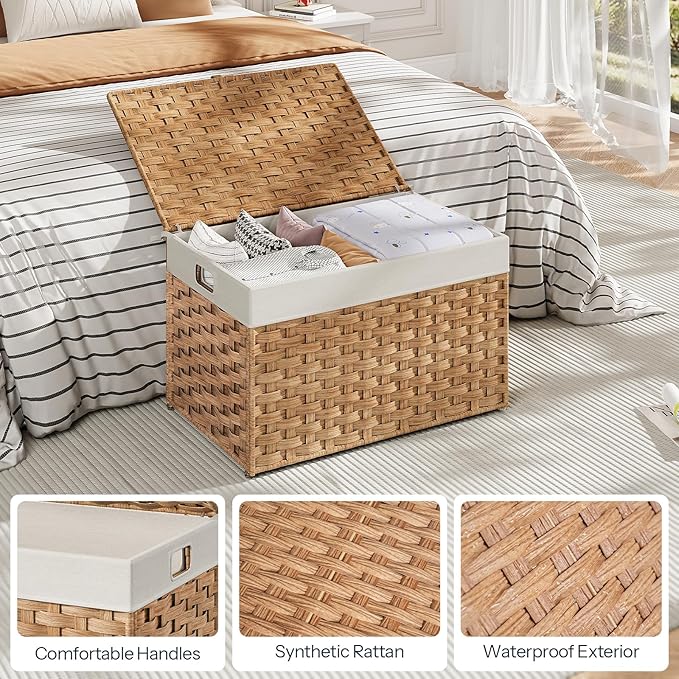 HOOBRO Storage Basket with Lid, 17.2 Gallon (65L) Wicker Basket, Handwoven Blanket Storage Basket with Handles, Metal Frame and Soft Lining, Foldable for Bedroom, Laundry Room, Natural NL265CW01