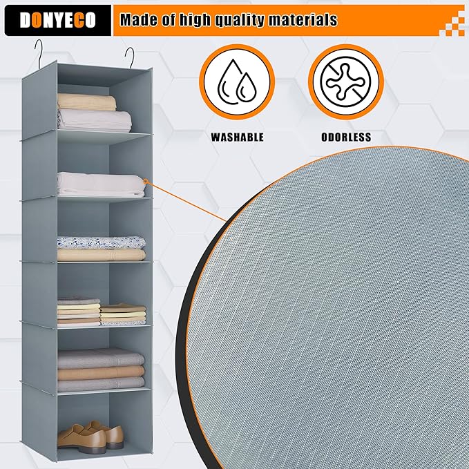 Hanging Closet Organizer and Storage 6-Shelf, Easy Mount Foldable Hanging Closet Wardrobe Shelves, Clothes Handbag Shoes Accessories Storage, Washable Oxford Cloth Fabric, Grey