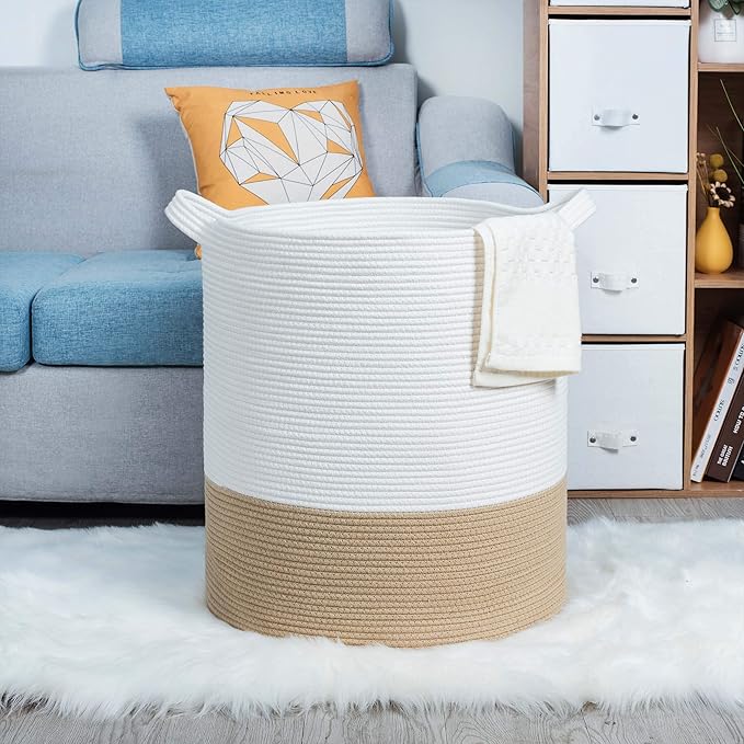 MINTWOOD Design 83L Extra Large 20x18in Decorative Woven Cotton Rope Blanket Basket with Handles, Tall Laundry Hamper for Living Room, Round Storage for Pillows, Towels, Shoes, Beige