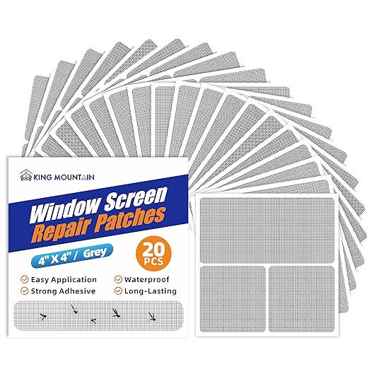 KING MOUNTAIN Grey Window Screen Repair Patch, 20Pcs 4" x 4" Heavy Duty Screen Repair Tape for Window Screen and Screen Door Tears Holes,Strong Adhesive & Waterproof Window Screen Repair Kit
