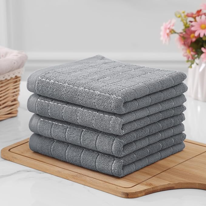 Homaxy 100% Cotton Terry Kitchen Towels(Grey, 13 x 28 inches), Checkered Designed, Soft and Super Absorbent Dish Towels, 8 Pack