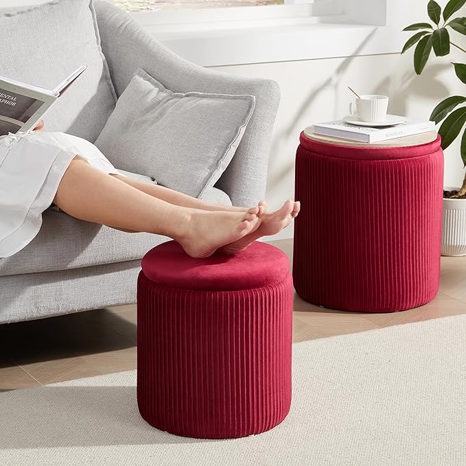 Royal Windsor Round Ottoman with Storage Set of 2,Vanity Stool with Storage for Bedroom, Ottoman Coffee Table,Small Velvet Foot Stool for Living Room, Burgundy